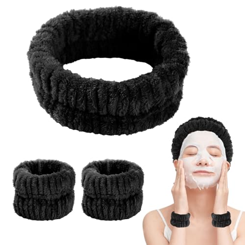 Bighan Set de Bandeau et Bracelets de Lavage de Visage, Poignets de Maquillage Absorbants, Bandeau de Soin Elastique pour Lavage du Visage, Noir