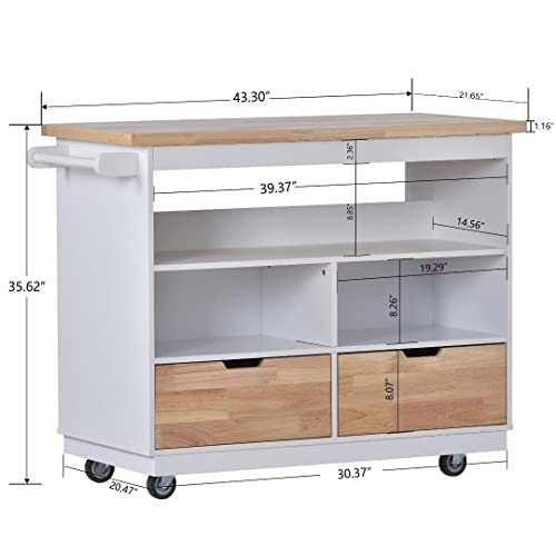 Ayvbir Kitchen Island Cart Rolling Mobile White Kitchen Cart Solid Wood Top, Kitchen Cart With 2 Drawers,Back Two-Tier Open Shelf,Tableware Storage Cabinet 46X21.7X35.62 Inch #TOP1