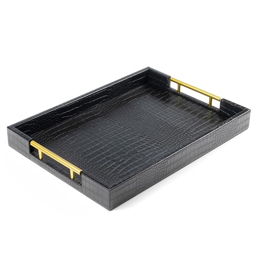 ATZYmolin 17" x 12" Wood Serving Tray with Gold Polished Metal Handles, Home Decorative Wooden Rectangle Ottoman Leather Decor Platter Bathroom Vanity Tray for All Occasions Alligator Black