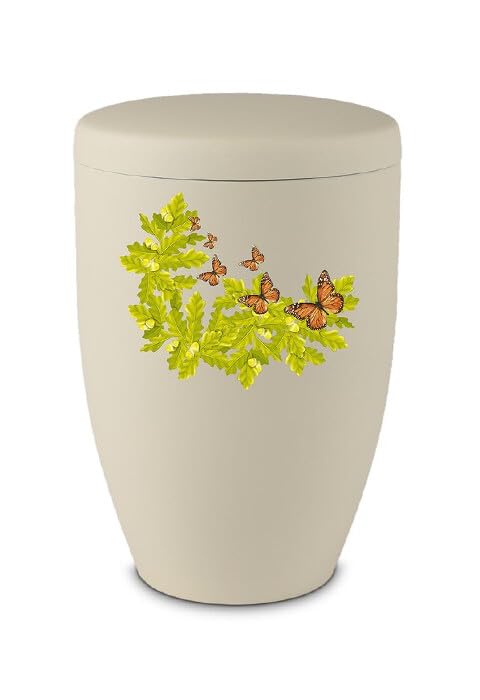 Urne funéraire en métal mat beige avec branche et papillons pour cendres