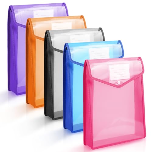 Vicloon Carpeta de Archivos de Plástico A4, 5pcs Carpeta con Diseño Transparente y Bolsillo, Carpetas Archivadoras de Plástico Cierre de Botón a Presión, Oficina, Escuela-Multicolor/Seccion Vertical
