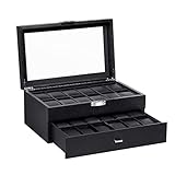 BASTUO Watch Box for Men, 24 Slots Luxury Watch Case Display Organizer, Jewelry Box with Carbon Fiber Design, Men's Storage Holder Boxes with Glass Top & Leather Pillows, Black