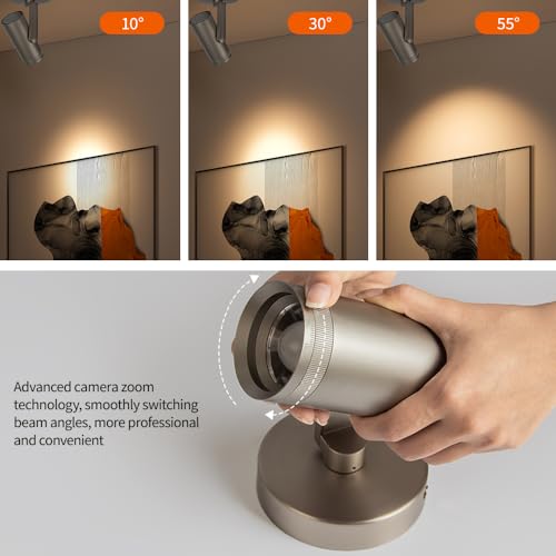 Image of Dimmable Zoomable Spot Lights Indoor Spotlight, 12W Adjustable Angle Ceiling Spotlights for Wall Art Corridor Living Room, Accent Lighting Brushed Nickel Finish - Warm White