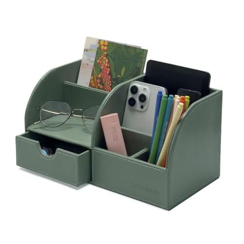 UnionBasic Desk Organizer - Multifunctional Leather Desktop Pen Holder Storage Box - Business Card/Pen/Pencil/Mobile Phone/Stationery Holder, Malachite Green