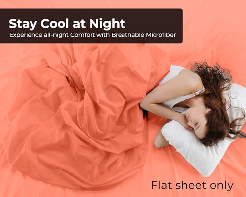 Image of Royale Linens Twin Flat Sheet - Ultra Soft Brushed 1800 Microfiber Flat Sheets Only - Wrinkle Free & Stain Resistant - Hotel Quality Top Sheet for Bed (Twin, Coral)