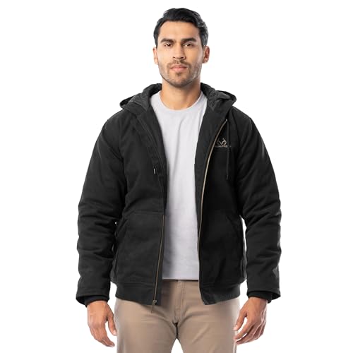 Realtree Men's Insulated Duck Quilted Lined Full Zip Hoodie, Black, Medium