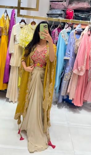 Image of Women Indo Western Dhoti Set with Blouse and Shrug Sequins Embroidery Bandhani Print Ethnic Wear