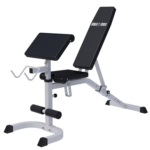 GORILLA SPORTS® Banc de Musculation - Dossier Réglable, avec Bureau Curl et Support, Capacité de Charge 250 kg - Banc Incliné, Banc d'Entraînement, Multifonction, Corps, Abdominaux, Plat, Fitness, Gym