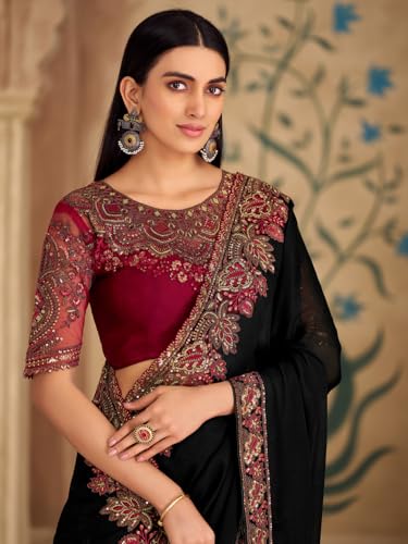 Image of AKHILAM Women's Satin Sequence Embroidery Saree With Unstitched Blouse Piece(SNDLWOD1601 TFH Parent)