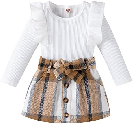 Toddler Baby Girl Skirt Outfit Long Sleeve Ruffle Shirt Top Mini Skirt Set 2Pcs Kids Little Girl Clothes Fall Winter (White,12-18 Months)