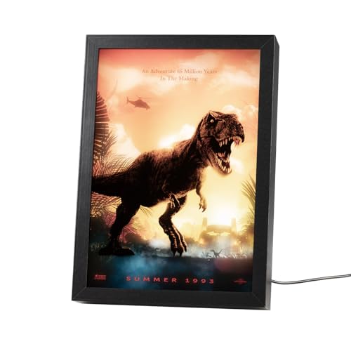 Grupo Erik Cuadro Jurassic Park - Marco Jurassic World Rebirth, Decoracion habitacion con LUZ LED | Lampara escritorio - Regalo Merchandising Oficial : 3 Tonos Luz y 5 Niveles Brillo, 20x28cm