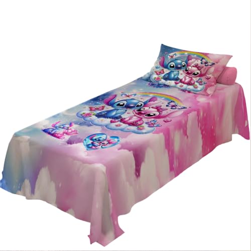 Jogo de Cama Lençol + Fronha Quarto Infantil Stitch e Angel 3D