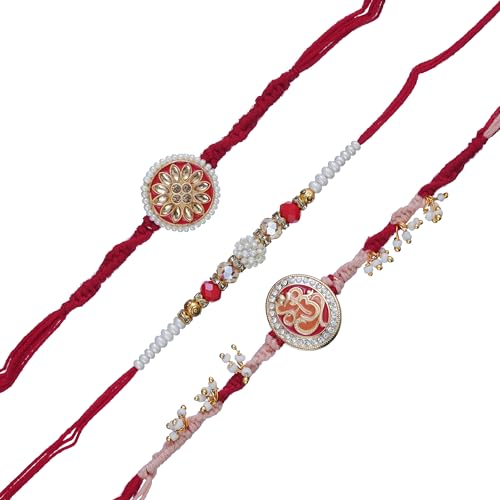 Image of eCraftIndia Set of 3 Multicolor Floral, Pearl, Ganesha Rakhis, Best Bro Ever Fridge Magnet with Roli Chawal Pack - Rakhis for Brother, Bhabhi, Kids