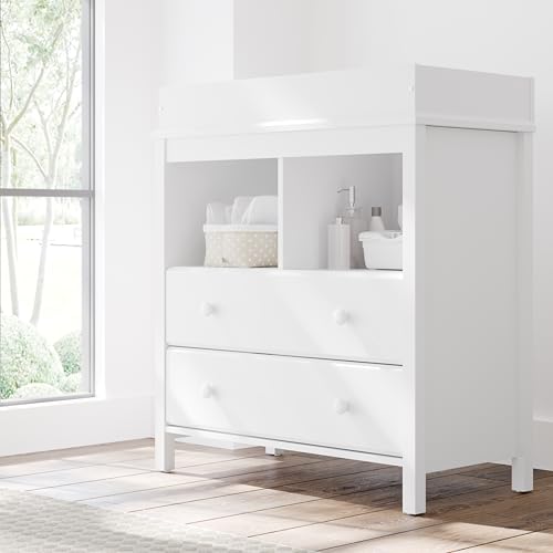 Image of Storkcraft Alpine 2 Drawer Changing Table Chest (White) - Attached Changing Table Topper Fits Any Standard-Size Baby Changing Pad, 2 Drawers, 2 Shelves for Extra Nursery Storage, Easy to Assemble