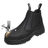 SAFETY LOONG Slip on Men Women Work Boots Composite Toe Comfort Leather Abrasion Puncture Slip Resistant Sole Safety Chelsea Black 10.5