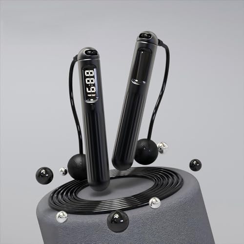 SDKGENU Weighted Skipping Rope for Men & Women, Adjustable Length, Smart App with LCD Counter, Durable PVC, 2-in-1 Ropeless & Traditional Modes for Home, Gym, Office, Outdoor Use (Black)