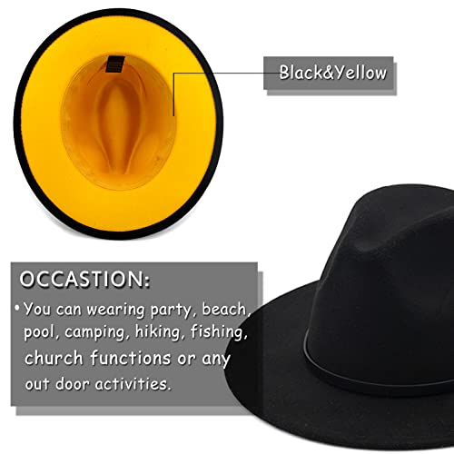 Gossifan Womens & Mens Two Tone Wide Brim Fedora Hats With Classic Belt Patchwork Felt Hats-B Belt Black/Yellow #TOP1