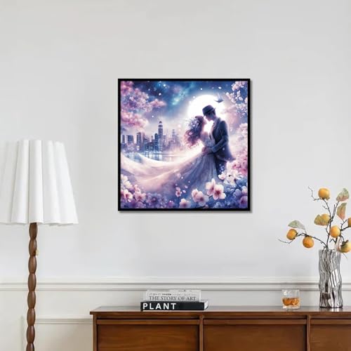 Image of Bride and Groom Diamond Painting Kits for Adults, Romantic Couple 5D Diamond Art Kits for Adults Beginner, Flower DIY Full Drill Round Diamond Painting Wedding Gift Wall Decor 13.8x13.8 Inch