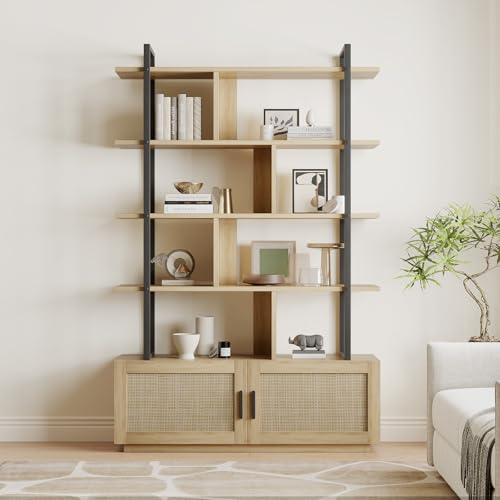 5 Tier Tall Bookshelf with Open Display Shelves, 71 Inch Rattan Classical Book Shelf with Storage, 5 Open Storage Bookcase with Metal Frame for Living Room, Bedroom and Home Office
