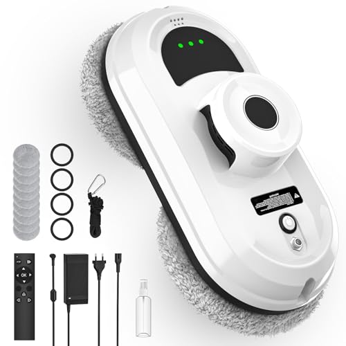 Robot Lavavetri, 5600Pa Robot Pulisci Vetri con Spruzzare Acqua, 3 Modalità di Pulizia, Navigazione Intelligente, Rilevamento dei bordi, Sistema di Sicurezza, Telecomando e 10 Panni in Microfibra