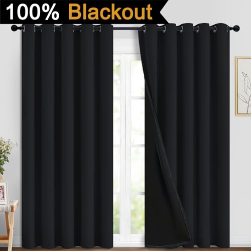 Image of Yakamok Black 100% Blackout Curtains 84 Inches Long for Bedroom 70 inch Wide | Blackout Curtain Panels for Bedroom, 2 Thick Layers Grommet Top Thermal Insulated Drapes with Black Liner for Living Room
