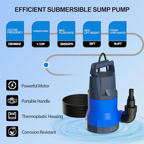Image of Sump Pump 1.1HP Submersible Clean Dirty Water Pump 5000GPH Portable Draining Pumps for Pool Hot Tubs Basement Water Transfer
