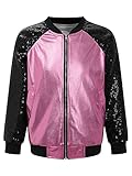 iEFiEL Kinder Jungen Mädchen Metallic Baseball Jacke Kurz Wetlook Jacke Langarm College Sweatjacke Vintage Disco Outfits Y2K Kostüm für Halloween Party X Rosa 134-140