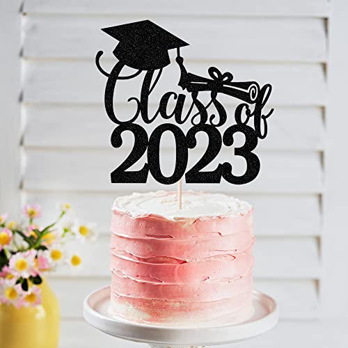 Auteby Glitter Class Of 2023 Cake Topper, Congrats Grad Cake Toppers, 2023 High School Graduation, College, University Graduation Party Decorations Supplies (Black) #TOP3
