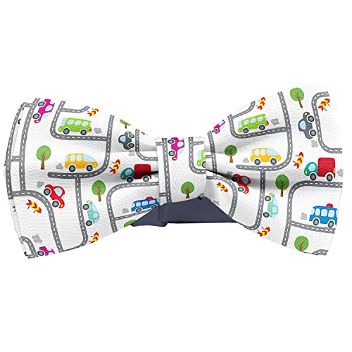 KAWAMOUSE Adjustable Pre-tied bow tie for toddler Boys (Cars On Road Pattern) Elegant Cute Bowties for Dogs Cats Pets