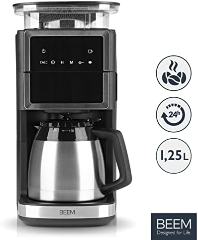 BEEM FRESH-AROMA-PERFECT III Filter Coffee Machine with Grinder, Thermal, Stainless Steel, with Insulated Jug, Cone Grinder and Aroma-Plus Function, Permanent Filter, 24-Hour Timer, 1000 W