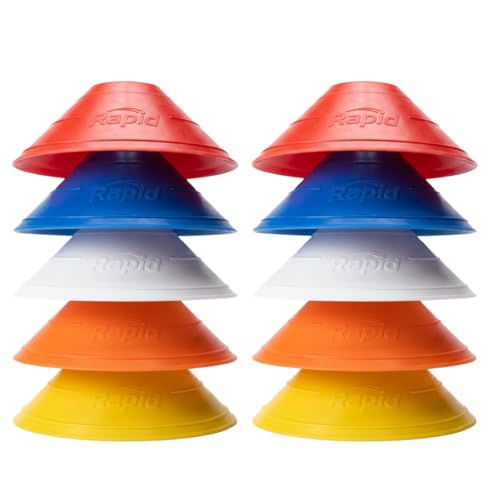 RAPID Football Training Cones Set - Saucer Disc Markers for Fitness Rugby Hockey & Agility Training - 10 Cone Pack - Multi-Colour Sport Cones - 2 Red 2 Blue 2 White 2 Orange & 2 Yellow Colour
