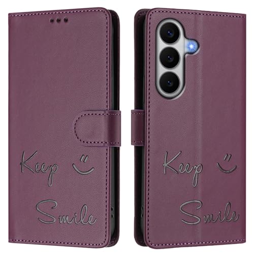 Funda tipo cartera para Samsung Galaxy A27 5G, funda de piel sintética con tapa en relieve, bloqueo RFID, soporte, cierre magnético y correa de muñeca. A06 violeta