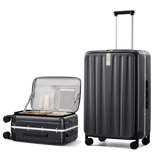 Image of Hanke 72cm Front Opening Check In Luggage Trolley Bag, Lightweight & Strong Aluminum Frame, Durable Hard Shell & Zipper, 8 Silent Spinner Wheels & Combination Lock, Suitcase Large for Travel,Jet Black