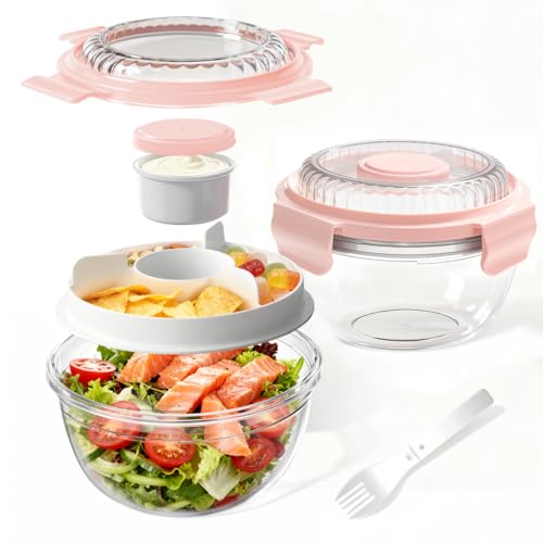 WHALEHOUSE 2-Pack 33 OZ Clear Eco-friendly SK chemicals ECOZEN Salad Container Sets, Portable Plastic Salad Bowls with Lid, Leak-Proof Dressing Container, Bento Lunch Box for Meal Prep & Food Storage