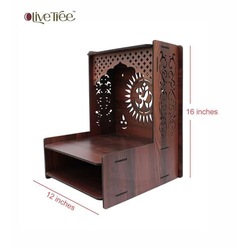 Image of Olive Tree Ethnic Wooden Pooja Mandir for Home Handcrafted Puja Stand | Wall Mounted with LED Spot Light | Mandapam, Pooja Ghar, Temple Office Decor - Walnut Size 12X12X16 Inch 1001