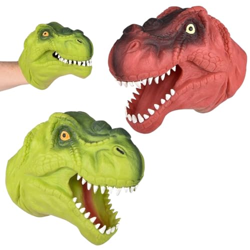 2 Pack Stretchy Dinosaur Hand Puppets - Realistic T-Rex Toys, Green and Red Soft Rubber, Great for...