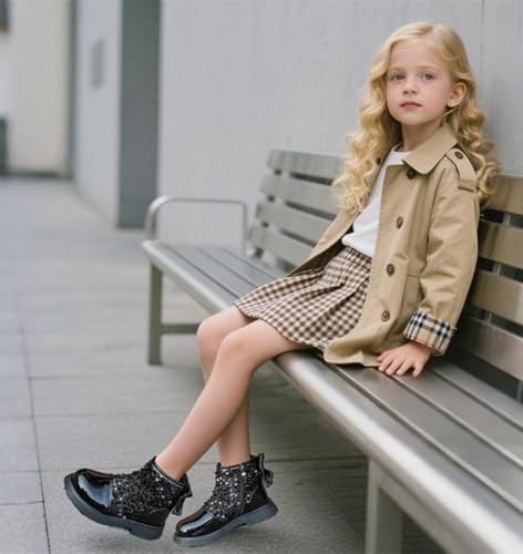 DADAWEN Girls Toddler Bow Ankle Boots Glitter Sequin Side Zipper Low Chunky Heel Fall Winter Dress Booties Shoes2