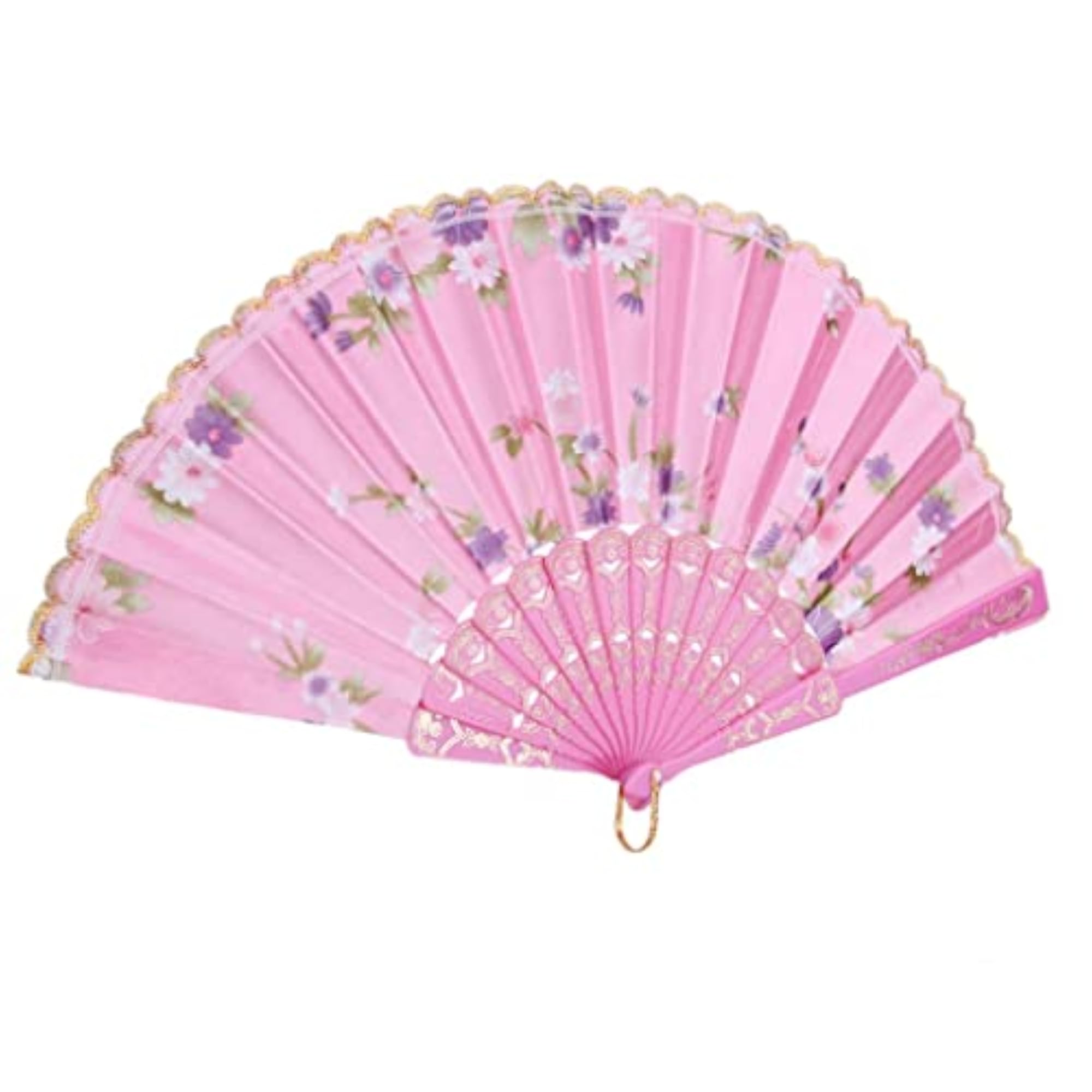Flowers Folding Hand Fan Handheld Dancing Fan, Pink