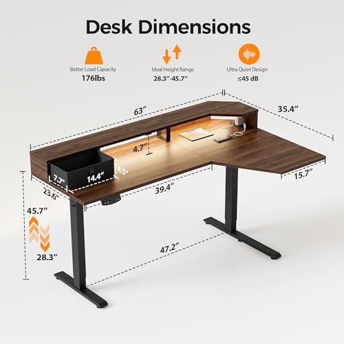 Image of Agilestic 63 Inch L Shaped Electric Standing Desk with Shelf, Height Adjustable Large Desk with Power Outlets & LED, Corner Sit Stand Up Table with Monitor Stand, Computer Workstation, Dark Walnut