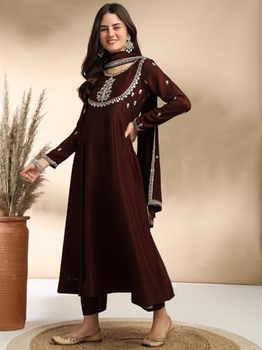 Image of MOKOSH Women's Silk Embroidery Anakrali Kurta Pant with Dupatta | Anarkali Kurta Set | Round Neck Full Sleeve Ethnic Suit | Floral Kurta 7 Colour Option Available | 3 Piece Outfit