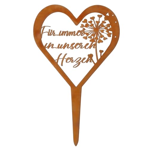Mindu Grabschmuck Wetterfest – Grabstecker Herz mit Spruch „Für immer in unseren Herzen“ – Rostoptik Grabdeko mit Löwenzahn Motiv – Grabschmuck Herz für Garten & Friedhof