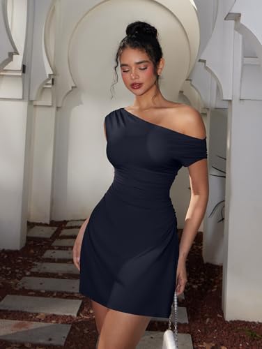 Image of LAGSHIAN Womens Off Shoulder Sleeveless Ruched Flare Mini Dress | Sexy,Summer,Slim Fit,Stretch,Trendy,Double Layer,A-line,Cocktail Party,Club,Night Out,Date,Asymmetrical Shoulder