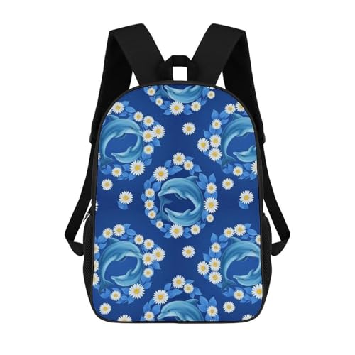 Versatile Hiking & Travel Daypack for Day Trips, Lightweight Durable Backpack with Hydration Compatibility for Men, Women & Outdoors, Dolphins Flowers Bookbag