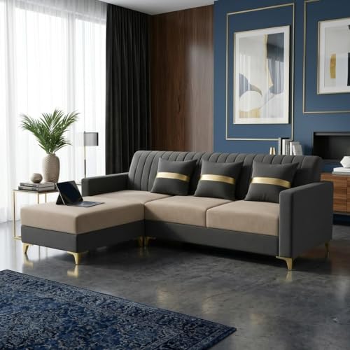 Image of CASASTYLE Signature Groovy 4-Seater L-Shape Sofa Set with Movable Ottoman | Flexible LHS /RHS Layout | Boston Fabric & Plush Cushions | 40D Foam + Zigzag Spring | 3-Yr Warranty (Dark Grey -Beige)
