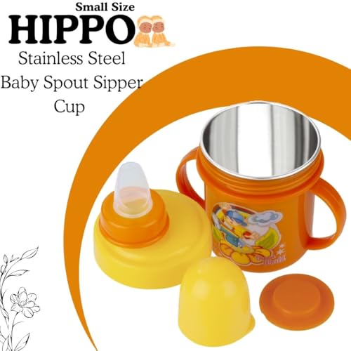 Image of Zerya Hippo Stainless Steel Baby Spout Sipper Cup for Kids /Toddler with Soft Silicone 250 ML (Orange)