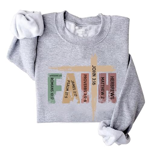 Image of TONGCHEN Faith Cross Christian Sweatshirt Religious Bible Verse Long Sleeve Sweatshirts Pullover Xmas (US, Alpha, Large, Regular, Regular, Grey)