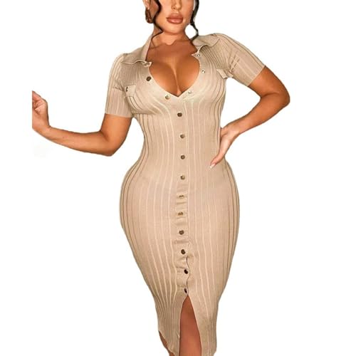 Image of Women's Fashion Sexy Elegant Comfortable Fit Vital V-Neck Knitted Short Sleeve Dress