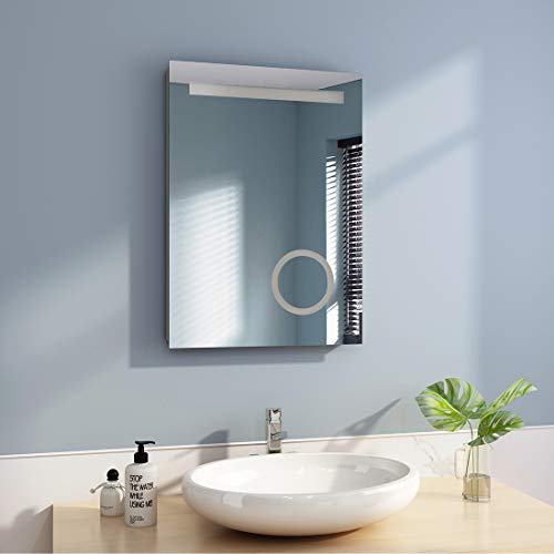 EMKE 500 x 700mm Illuminated Bathroom Mirror with Shaver Socket - Smart Vanity Makeup Mirror with Button Demister Pad, Wall-Mounted Magnifying Mirror for Makeup Cosmetic Shaving