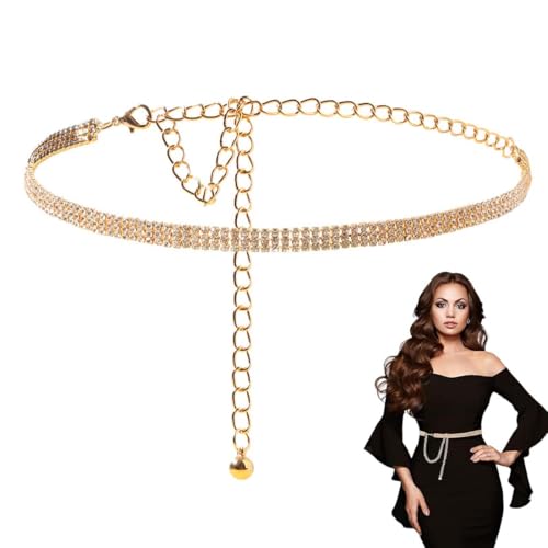 Juguta Cinturón con diamantes de imitación brillantes para mujer, cinturón de cadena de cristal para cintura, elegante para vestido de noche (dorado)