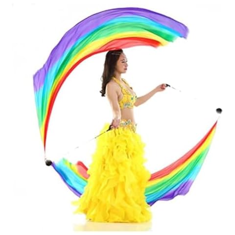 Nimiman 2Pcs Silk Veil+2 Pcs Poi Chain Ball Women Belly Dance Silk Veil Poi Streamer Stage Props (Rainbow) Cover